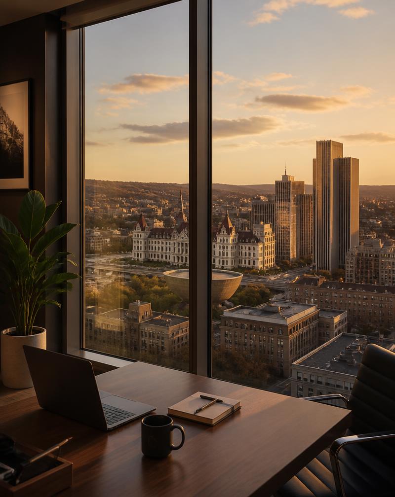 Golden-hour view of the Albany skyline from a Capital Region office